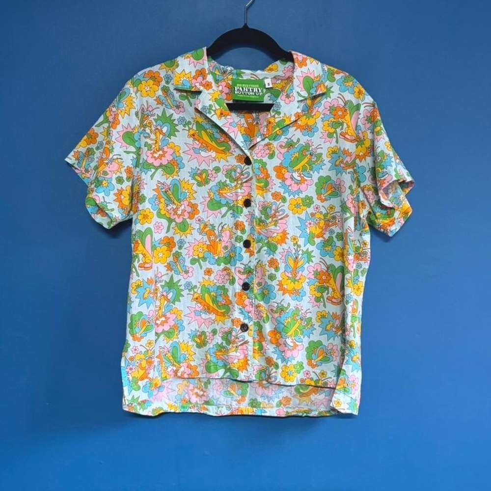 Big Bud Press Butterfly Bash Pantry Button Up Women's Size Small Pastel Cotton